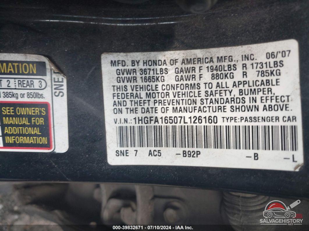 1HGFA16507L126160 2007 HONDA CIVIC photo no. 9