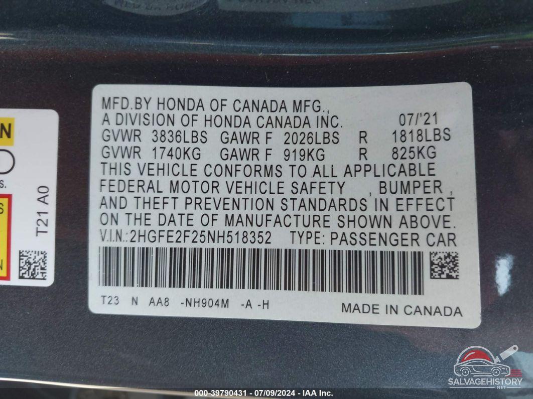 2HGFE2F25NH518352 2022 HONDA CIVIC photo no. 9