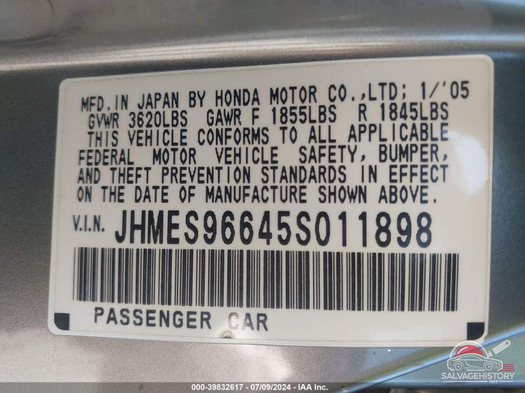 JHMES96645S011898 2005 HONDA CIVIC HYBRID photo no. 9