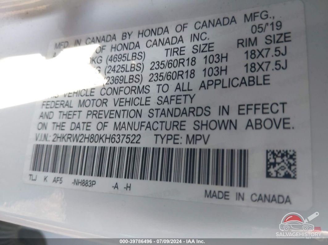 2HKRW2H80KH637522 2019 HONDA CR-V photo no. 9