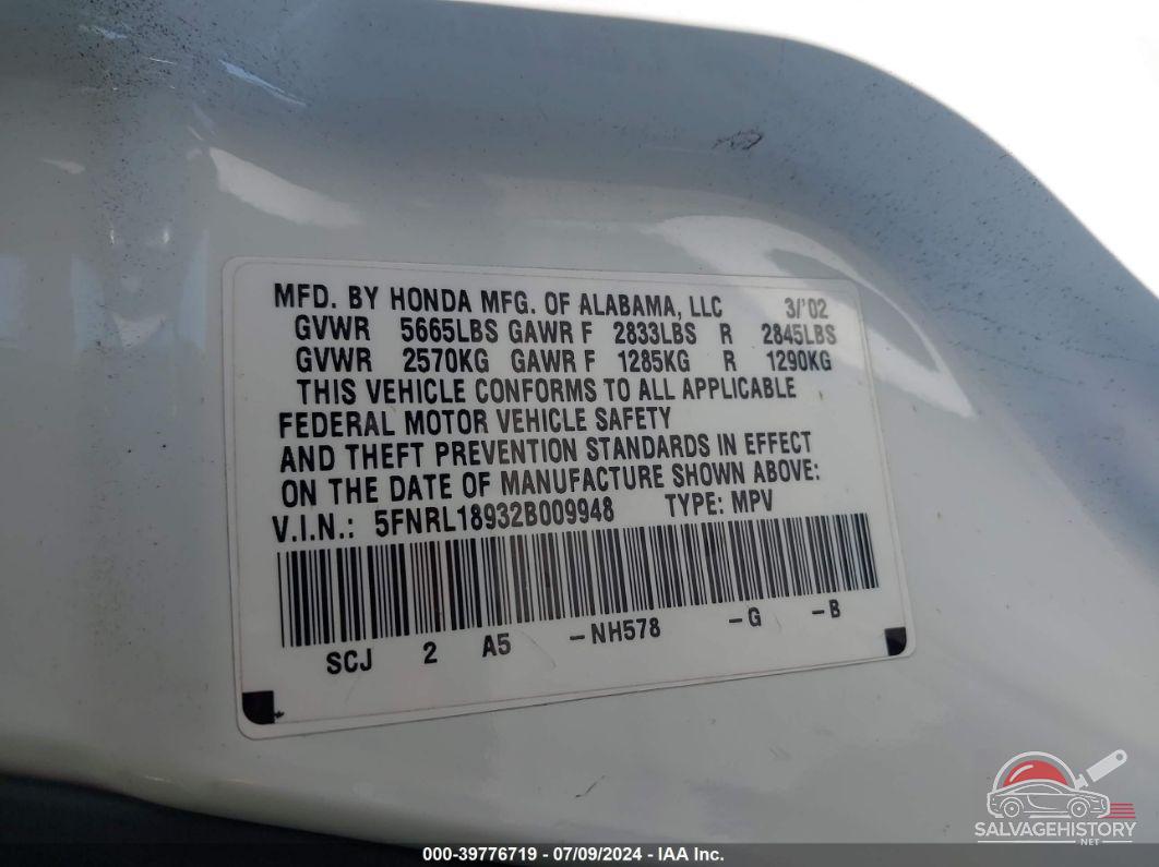 5FNRL18932B009948 2002 HONDA ODYSSEY photo no. 9