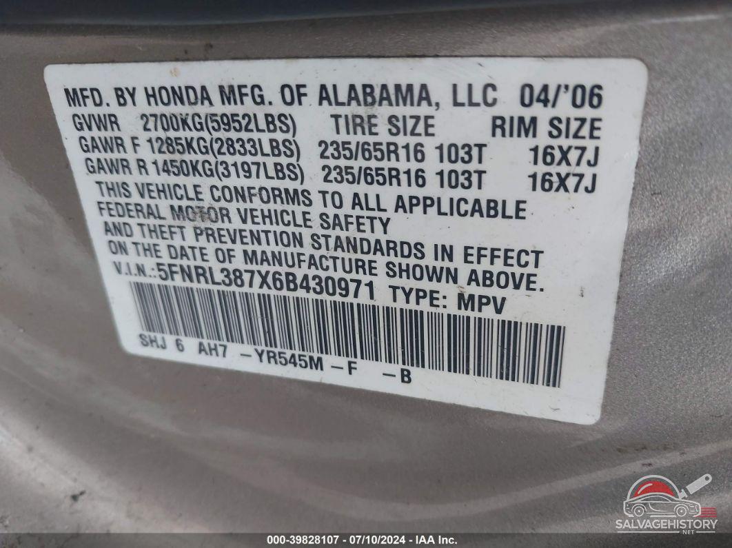 5FNRL387X6B430971 2006 HONDA ODYSSEY photo no. 9