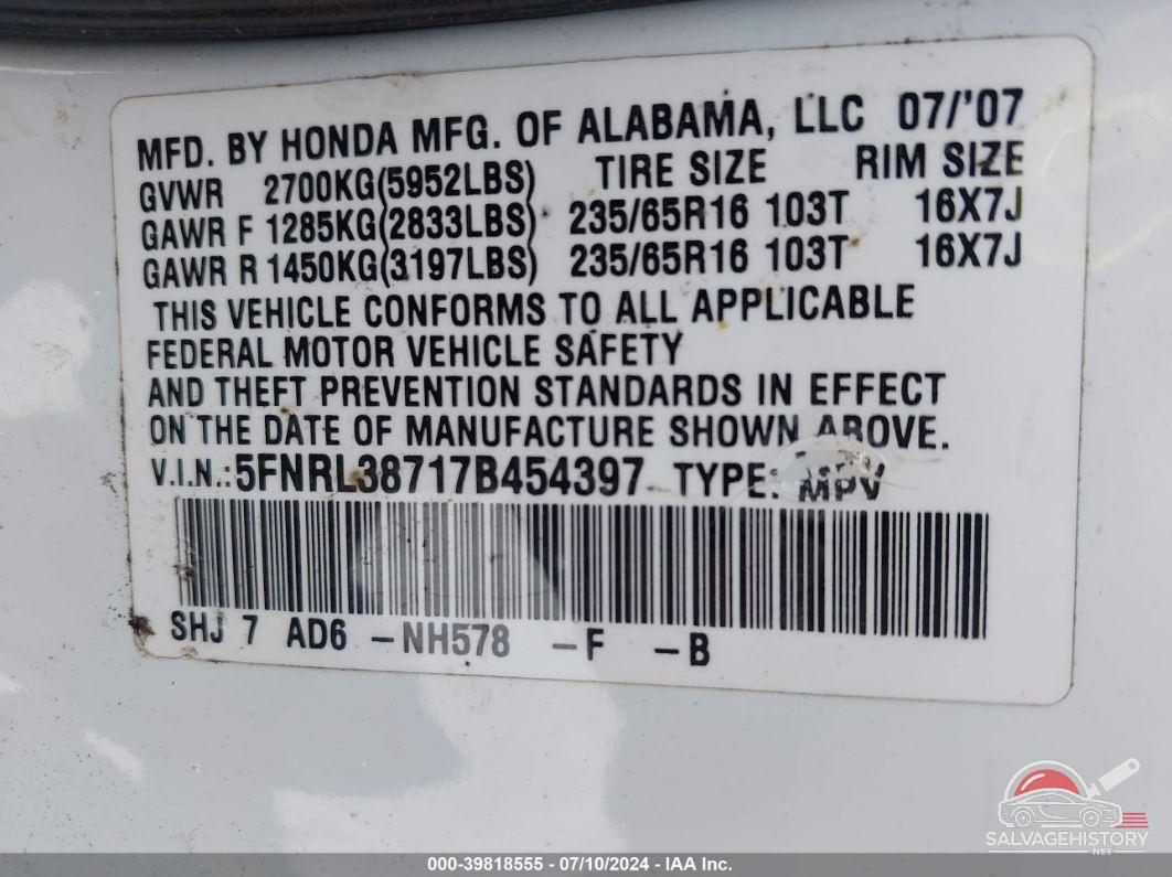 5FNRL38717B454397 2007 HONDA ODYSSEY photo no. 9
