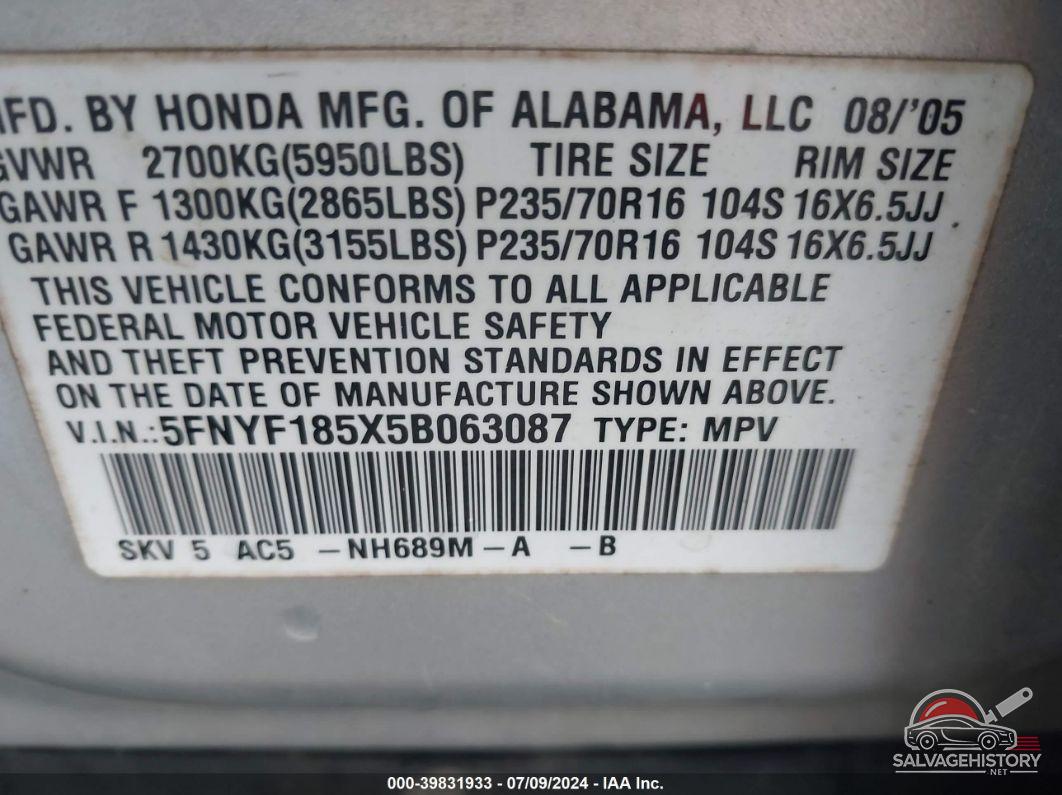 5FNYF185X5B063087 2005 HONDA PILOT photo no. 9