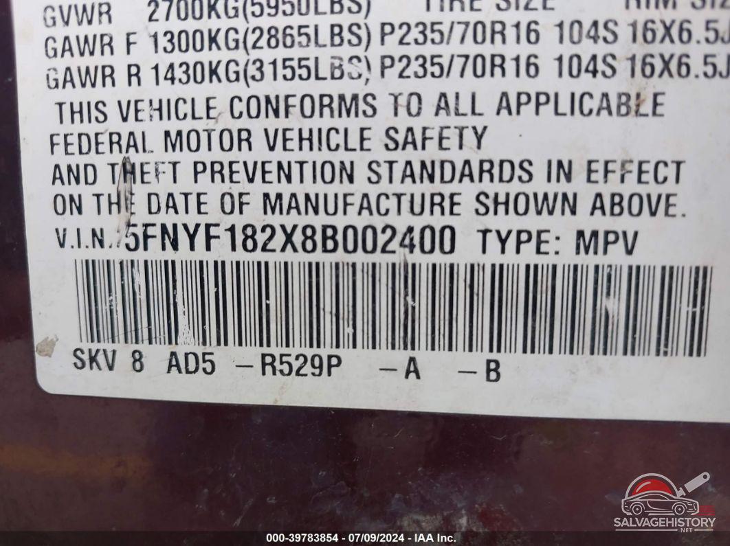 5FNYF182X8B002400 2008 HONDA PILOT photo no. 9