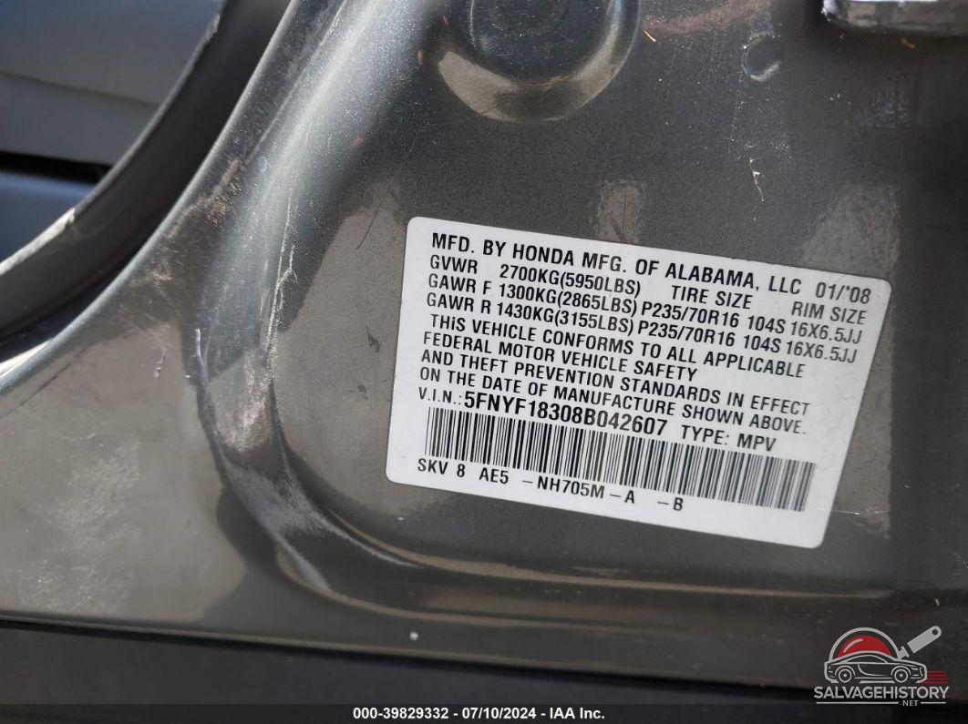 5FNYF18308B042607 2008 HONDA PILOT photo no. 9