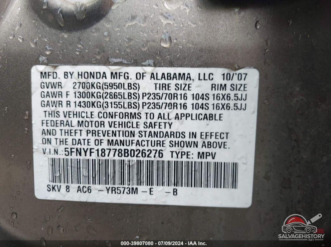 5FNYF18778B026276 2008 HONDA PILOT photo no. 9