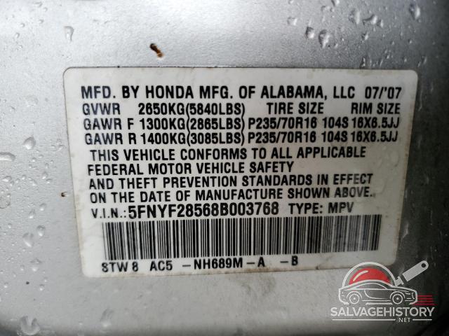 5FNYF28568B003768 2008 HONDA PILOT photo no. 14