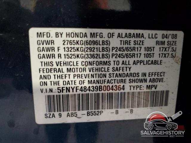 5FNYF48439B004364 2009 HONDA PILOT photo no. 13