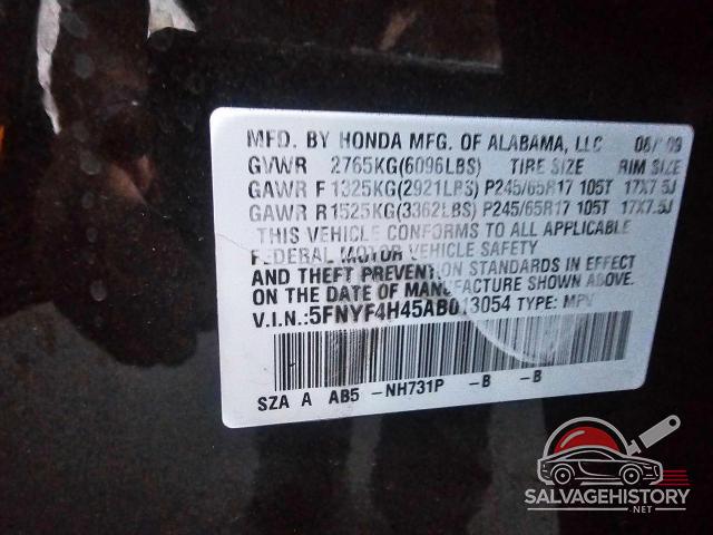 5FNYF4H45AB013054 2010 HONDA PILOT photo no. 10
