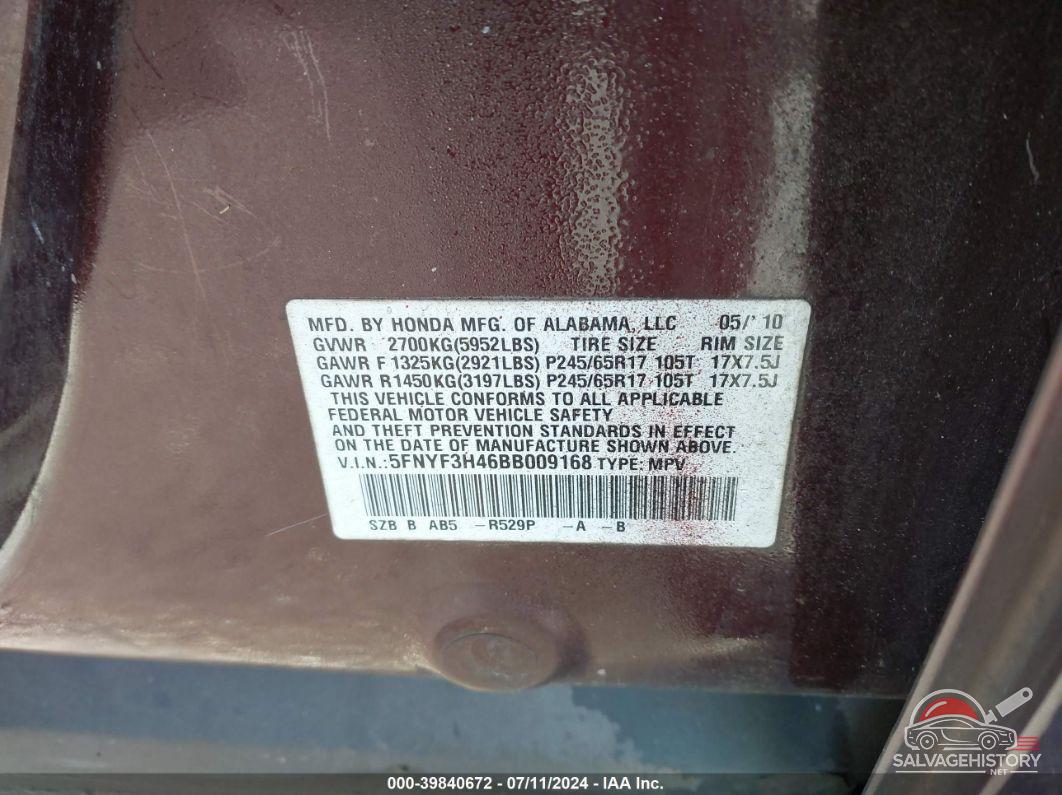 5FNYF3H46BB009168 2011 HONDA PILOT photo no. 9