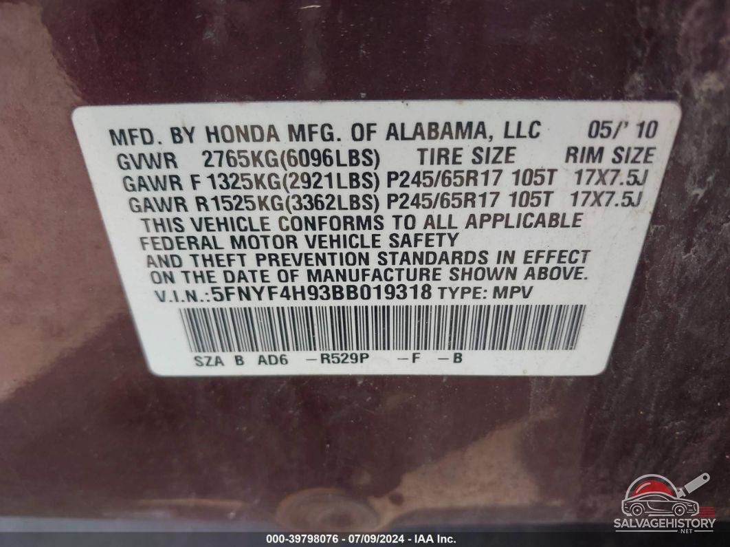 5FNYF4H93BB019318 2011 HONDA PILOT photo no. 9