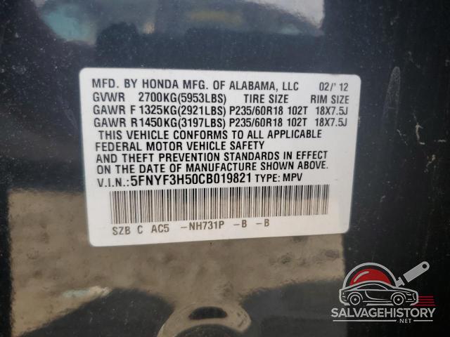 5FNYF3H50CB019821 2012 HONDA PILOT photo no. 13