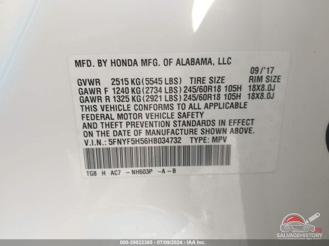 5FNYF5H56HB034732 2017 HONDA PILOT photo no. 9