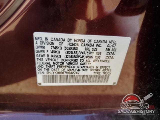 2HJYK16567H532747 2007 HONDA RIDGELINE photo no. 12
