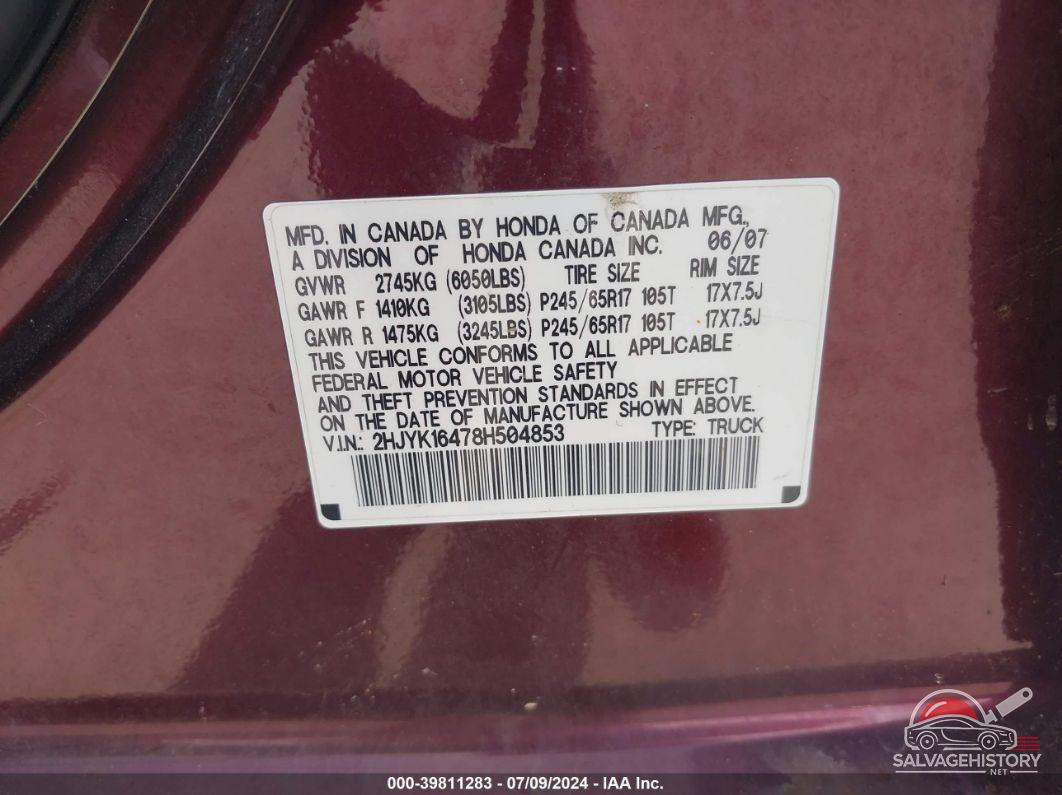 2HJYK16478H504853 2008 HONDA RIDGELINE photo no. 9