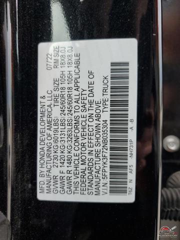 5FPYK3F72NB035304 2022 HONDA RIDGELINE photo no. 12