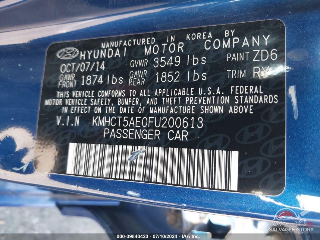 KMHCT5AEDFU200613 2015 HYUNDAI ACCENT photo no. 9