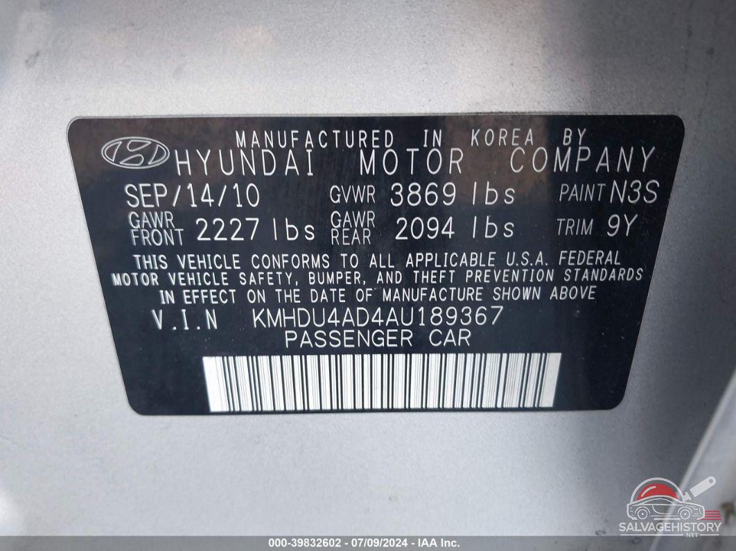 KMHDU4AD4AU189367 2010 HYUNDAI ELANTRA photo no. 9
