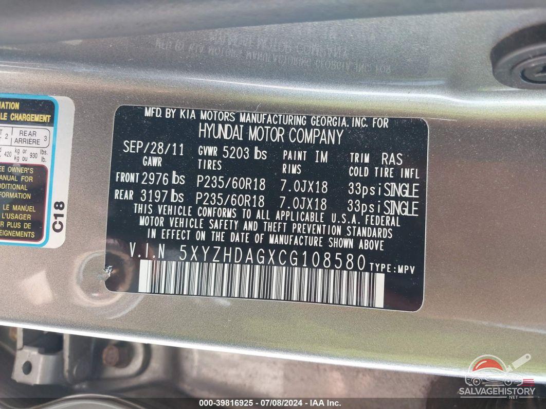 5XYZHDAGXCG108580 2012 HYUNDAI SANTA FE photo no. 9