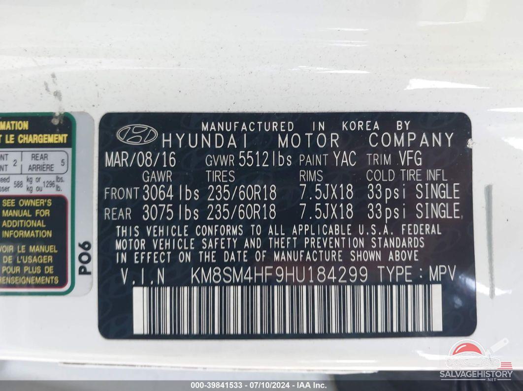 KM8SM4HF9HU184299 2017 HYUNDAI SANTA FE photo no. 9