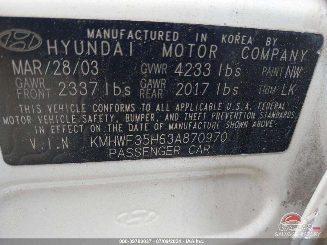 KMHWF35H63A870970 2003 HYUNDAI SONATA photo no. 9