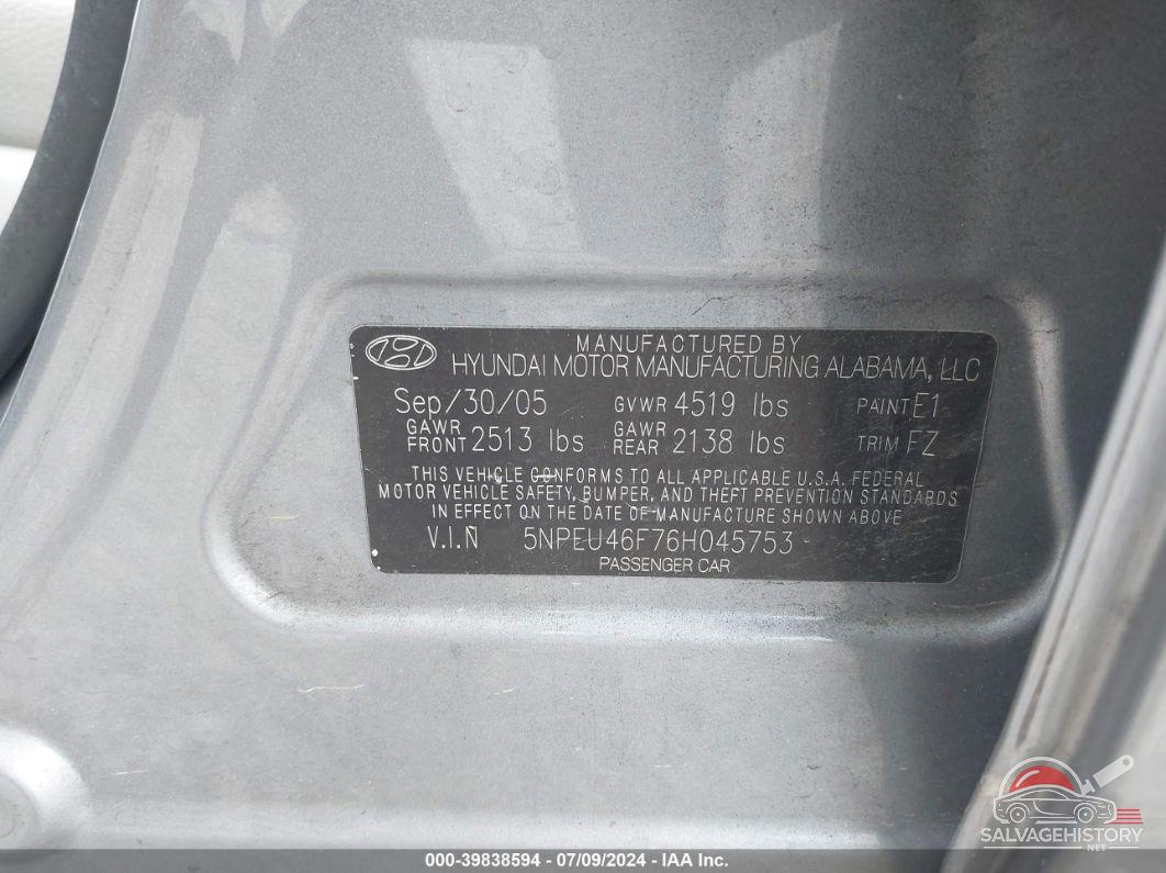 5NPEU46F76H045753 2006 HYUNDAI SONATA photo no. 9