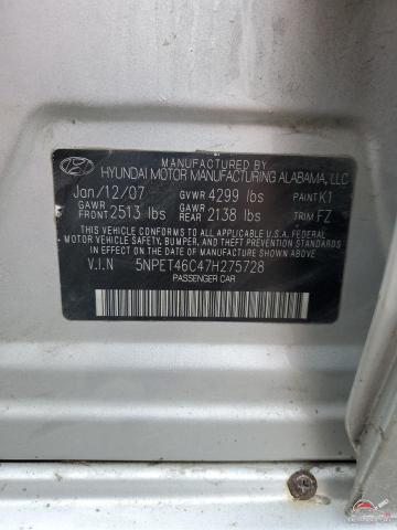 5NPET46C47H275728 2007 HYUNDAI SONATA photo no. 12