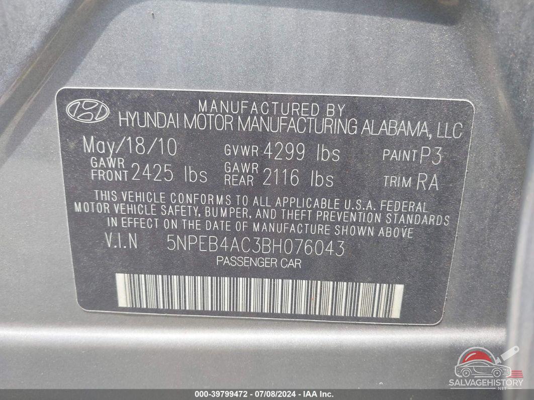 5NPEB4AC3BH076043 2011 HYUNDAI SONATA photo no. 9