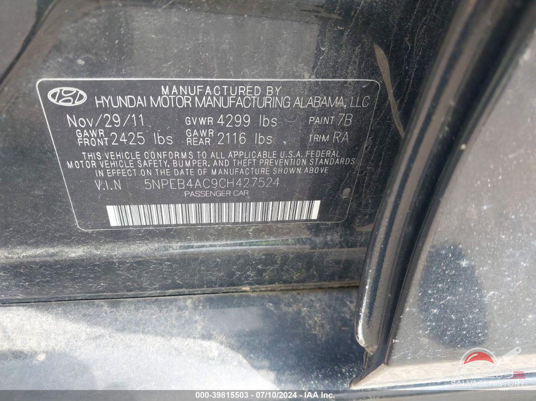 5NPEB4AC9CH427524 2012 HYUNDAI SONATA photo no. 9