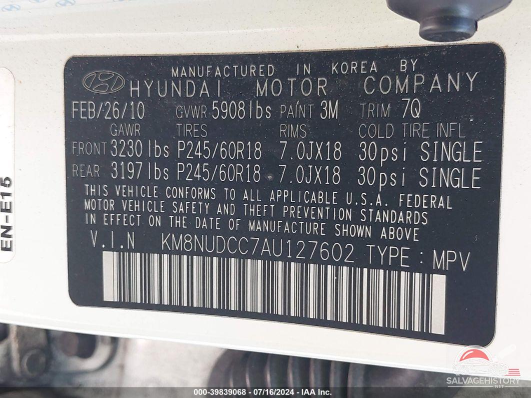 KM8NUDCC7AU127602 2010 HYUNDAI VERACRUZ photo no. 9