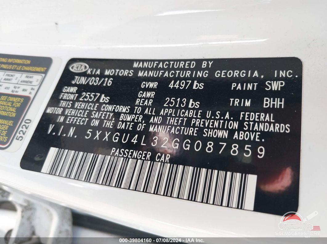 5XXGU4L32GG087859 2016 KIA OPTIMA photo no. 9