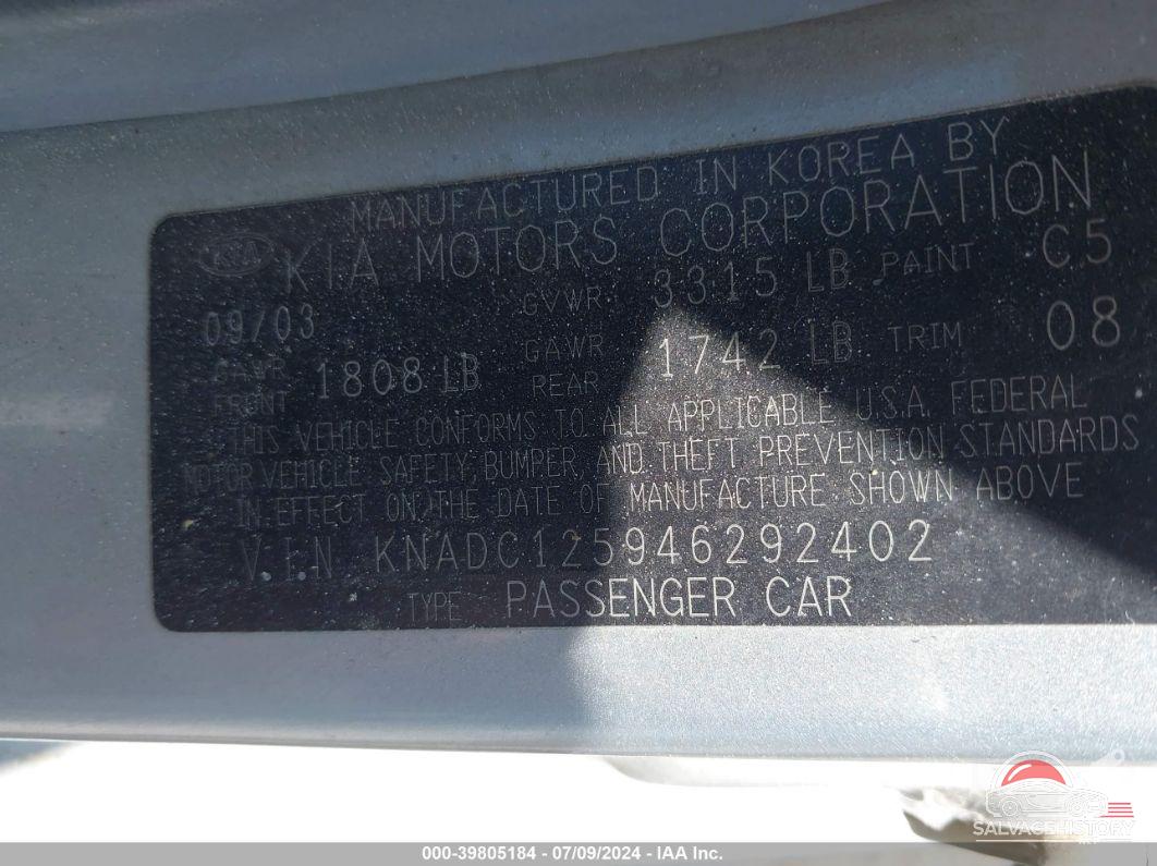 KNADC125946292402 2004 KIA RIO photo no. 9