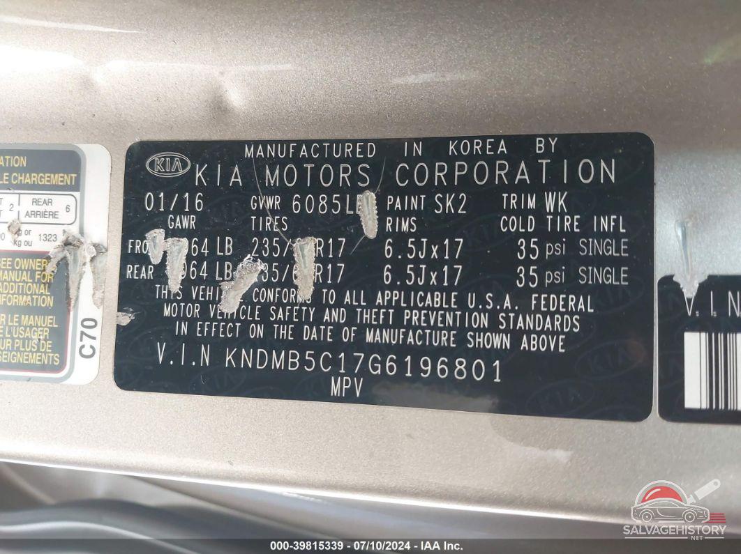 KNDMB5C17G6196801 2016 KIA SEDONA photo no. 9