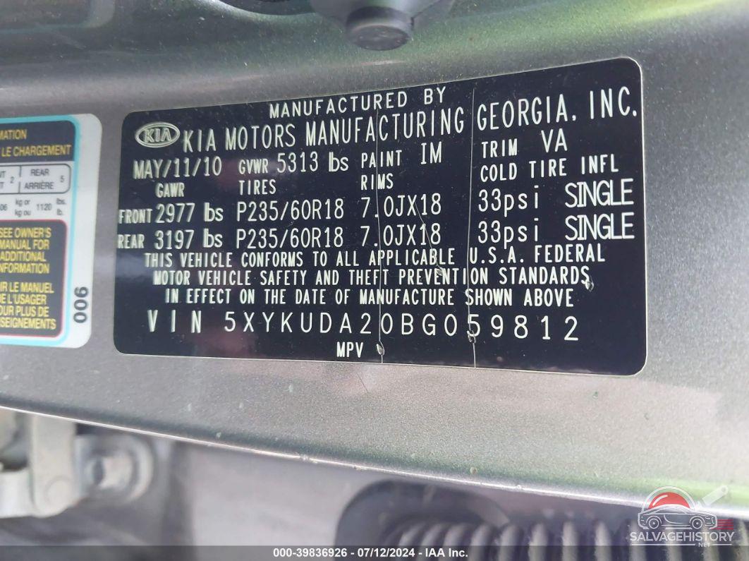 5XYKUDA20BG059812 2011 KIA SORENTO photo no. 9
