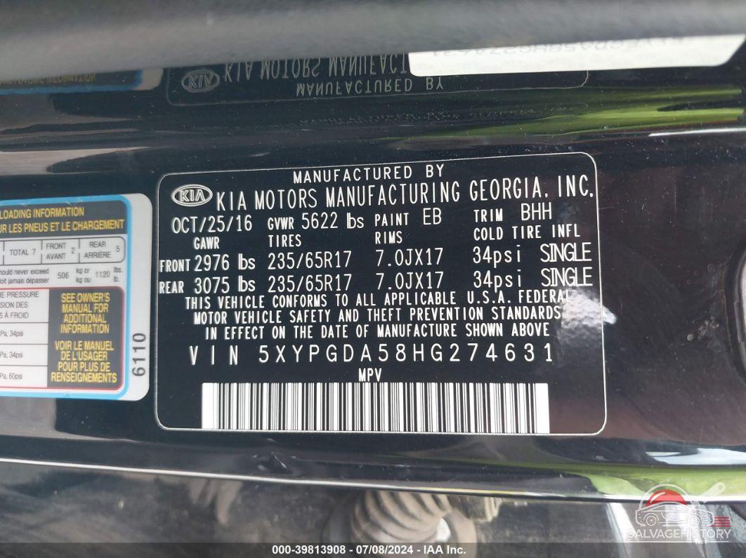 5XYPGDA58HG274631 2017 KIA SORENTO photo no. 9