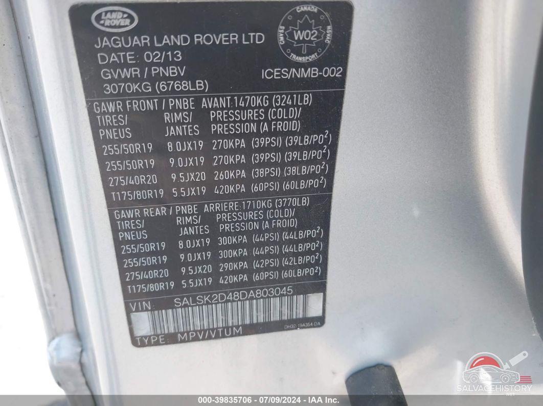 SALSK2D48DA803045 2013 LAND ROVER RANGE ROVER SPORT photo no. 9
