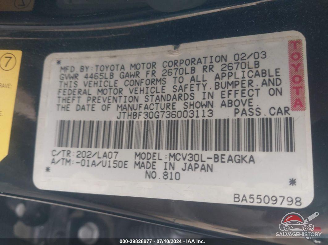 JTHBF30G736003113 2003 LEXUS ES photo no. 9