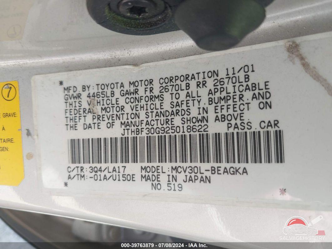 JTHBF30G925018622 2002 LEXUS ES 300 photo no. 9