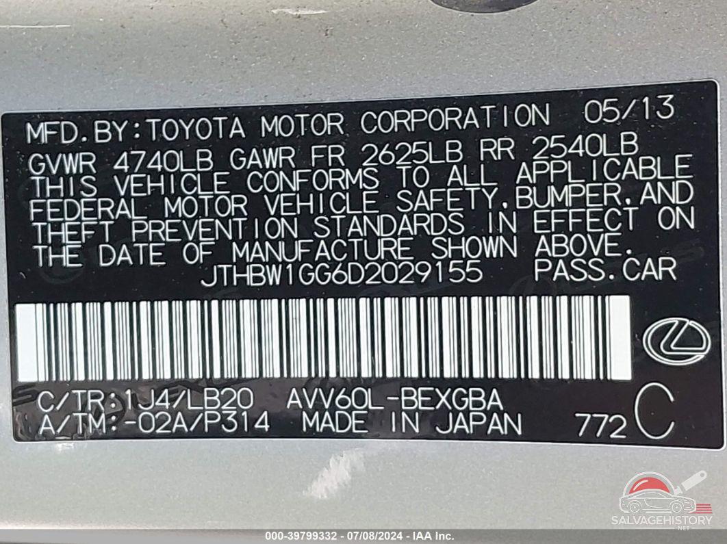 JTHBW1GG6D2029155 2013 LEXUS ES 300H photo no. 9