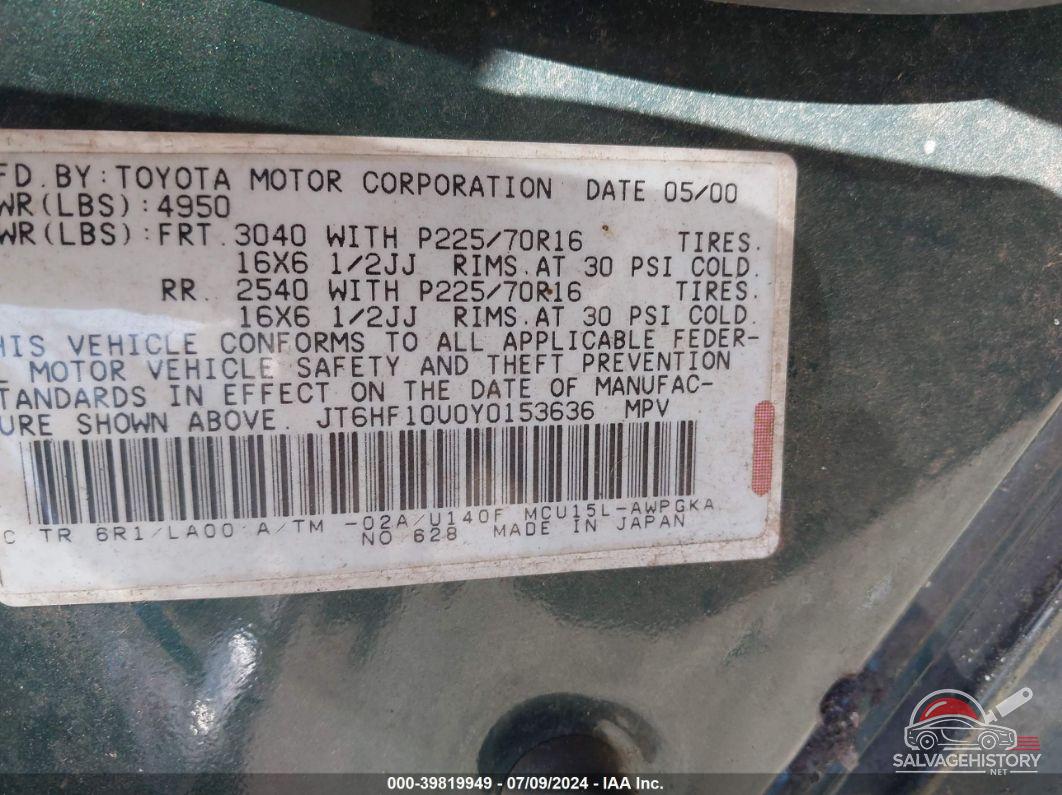 JT6HF10U0Y0153636 2000 LEXUS RX 300 photo no. 9