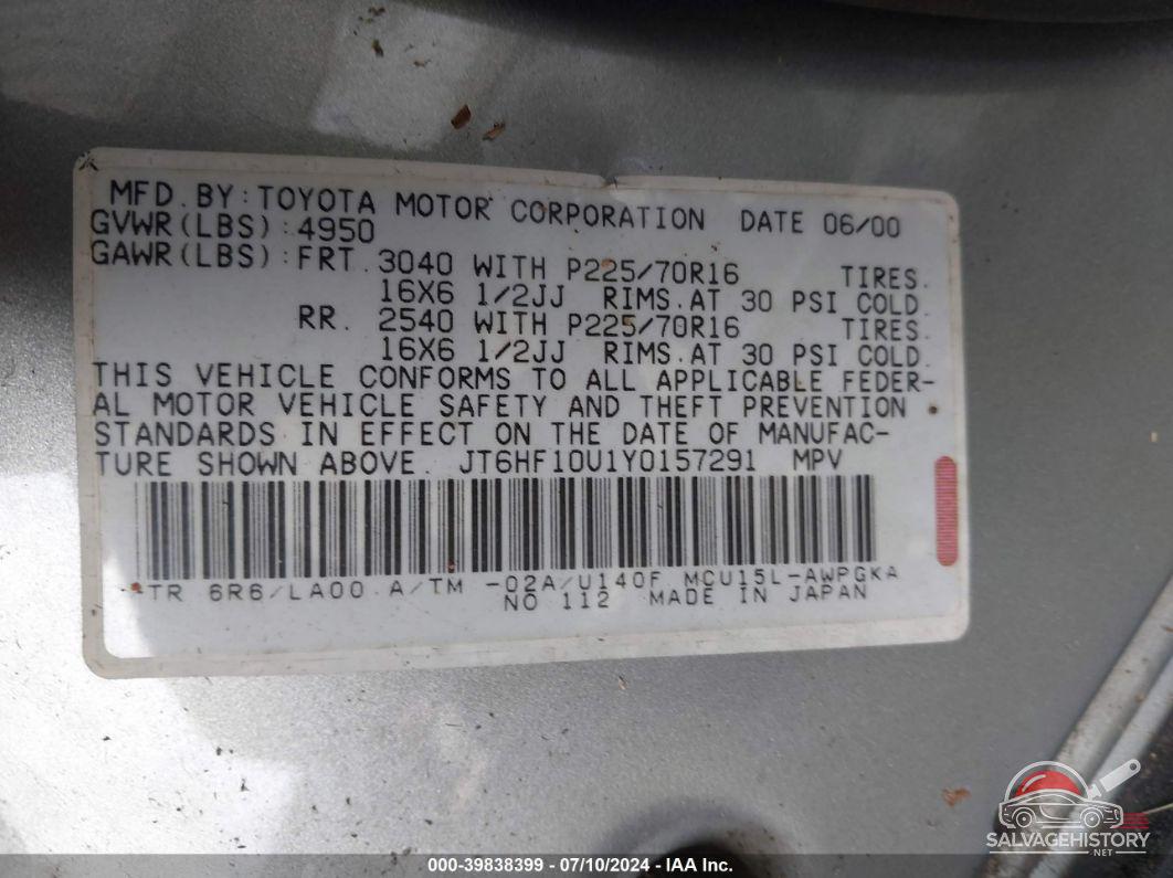 JT6HF10U1Y0157291 2000 LEXUS RX 300 photo no. 9