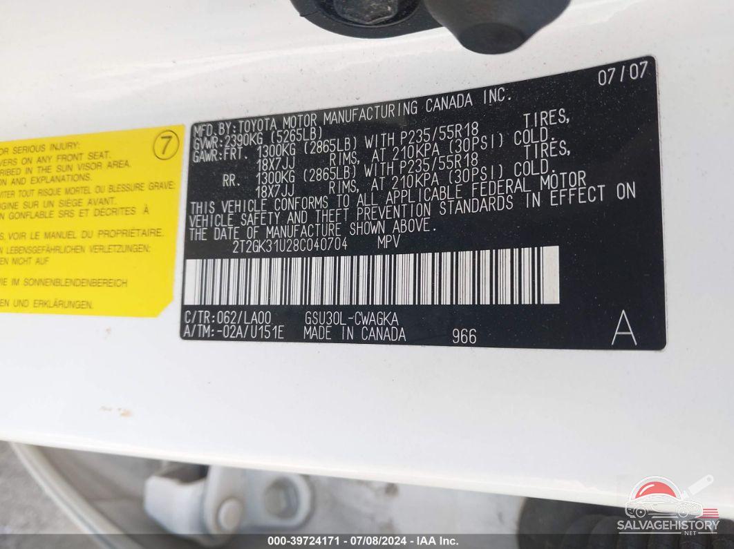 2T2GK31U28C040704 2008 LEXUS RX 350 photo no. 9
