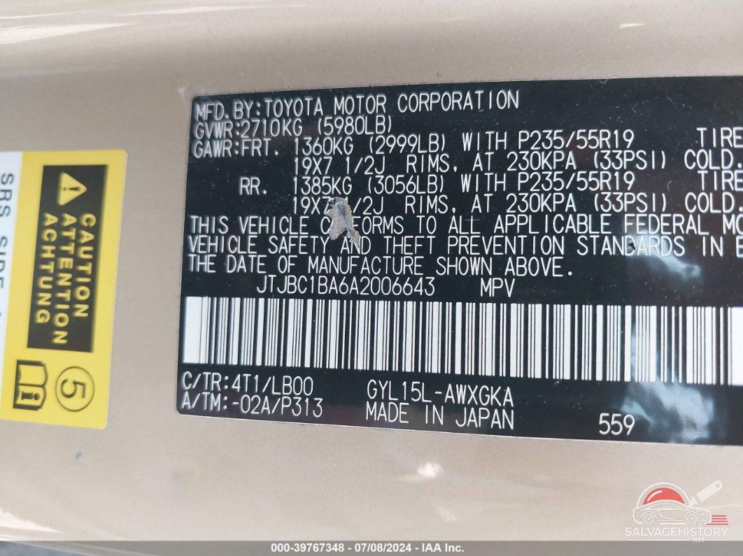 JTJBC1BA6A2006643 2010 LEXUS RX 450H photo no. 9