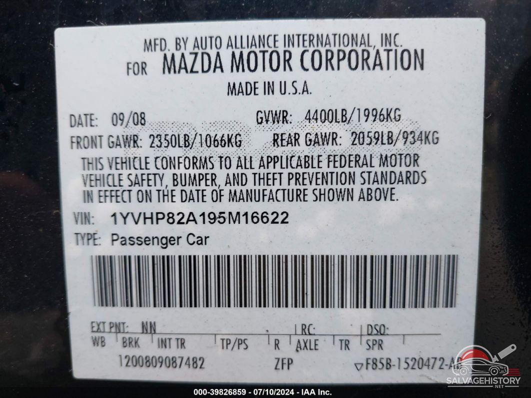1YVHP82A195M16622 2009 MAZDA MAZDA6 photo no. 9