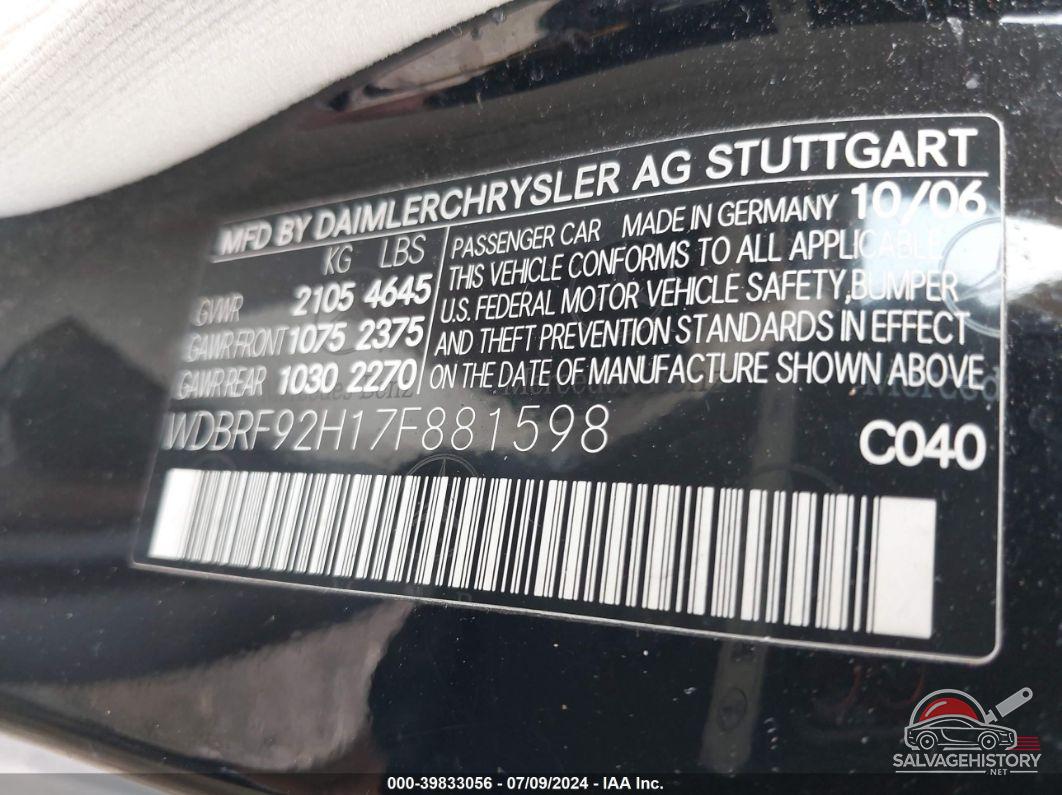 WDBRF92H17F881598 2007 MERCEDES-BENZ C 280 photo no. 9
