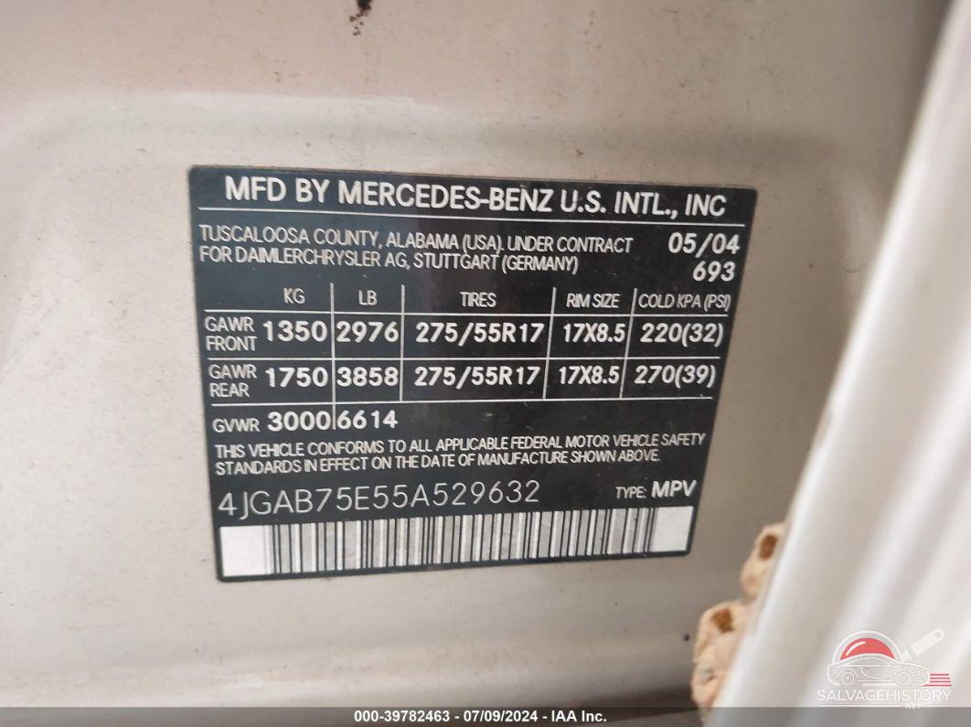4JGAB75E55A529632 2005 MERCEDES-BENZ ML 500 photo no. 9