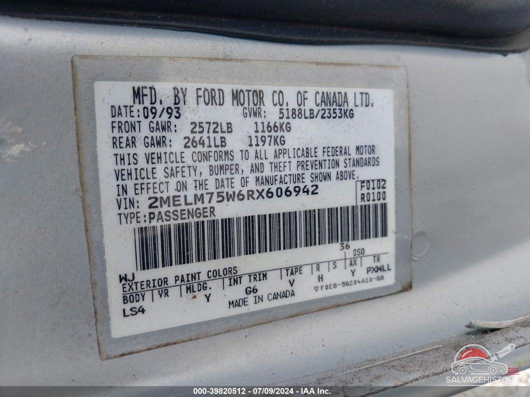 2MELM75W6RX606942 1994 MERCURY GRAND MARQUIS photo no. 9