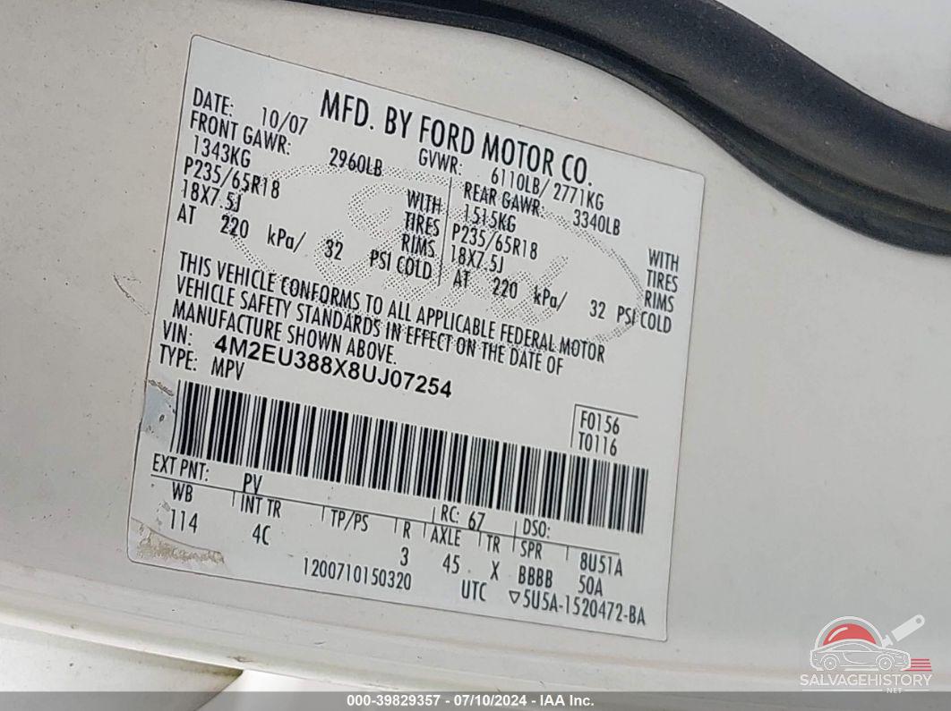 4M2EU388X8UJ07254 2008 MERCURY MOUNTAINEER photo no. 9