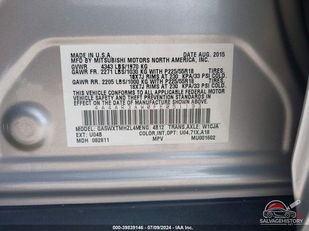 4A4AR3AW0FE051193 2015 MITSUBISHI OUTLANDER SPORT photo no. 9